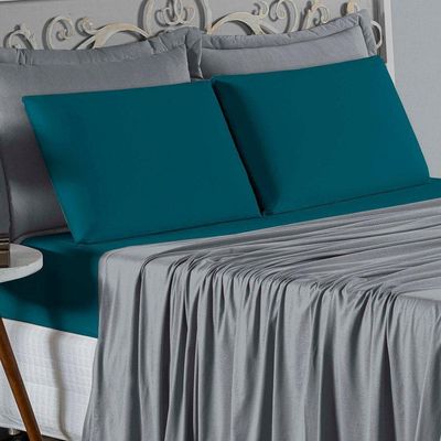 Jogo  Cama Solteiro Nobre 3 Peças Lençol  Elástico  30cm  Altura  100% Algodão  Cinza  Petróleo