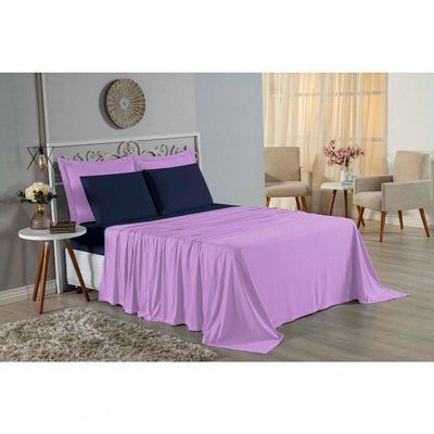 Jogo  Cama Queen Nobre 4 Peças Lençol  Elástico  30cm  Altura  100% Algodão  Lilás  Azulmarinho
