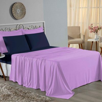 Jogo  Cama Queen Nobre 4 Peças Lençol  Elástico  30cm  Altura  100% Algodão  Lilás  Azulmarinho
