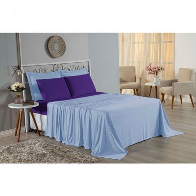 Jogo  Cama Solteiro Nobre 3 Peças Lençol  Elástico  30cm  Altura  100% Algodão  Azulbebê  Roxo