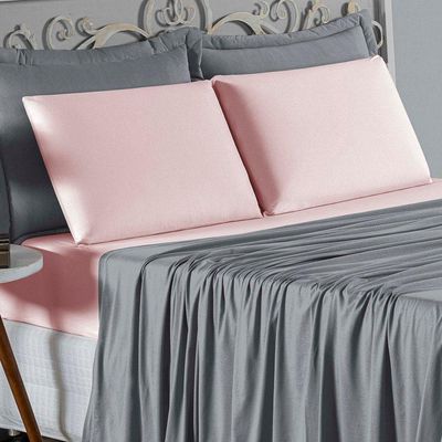 Jogo  Cama Solteiro Nobre 3 Peças Lençol  Elástico  30cm  Altura  100% Algodão  Cinza  Rosa