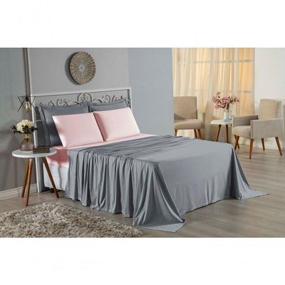 Jogo  Cama Solteiro Nobre 3 Peças Lençol  Elástico  30cm  Altura  100% Algodão  Cinza  Rosa