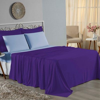 Jogo  Cama Queen Nobre 4 Peças Lençol  Elástico  30cm  Altura  100% Algodão  Roxo  Azulbebê