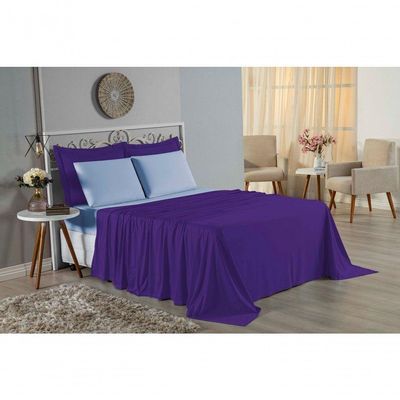 Jogo  Cama Queen Nobre 4 Peças Lençol  Elástico  30cm  Altura  100% Algodão  Roxo  Azulbebê