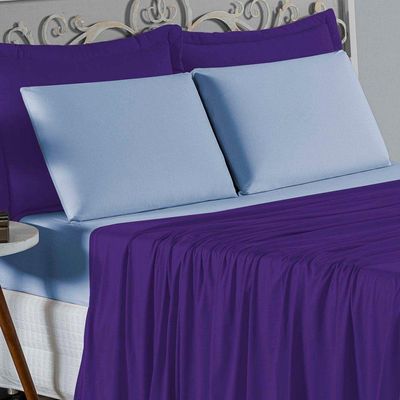 Jogo  Cama Queen Nobre 4 Peças Lençol  Elástico  30cm  Altura  100% Algodão  Roxo  Azulbebê