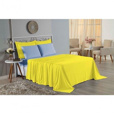 Jogo  Cama Solteiro Nobre 3 Peças Lençol  Elástico  30cm  Altura  100% Algodão  Amarelo  Azulbebê