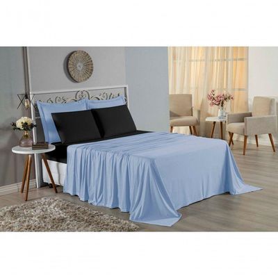 Jogo  Cama King Nobre 4 Peças Lençol  Elástico  30cm  Altura  100% Algodão  Azulbebê  Preto