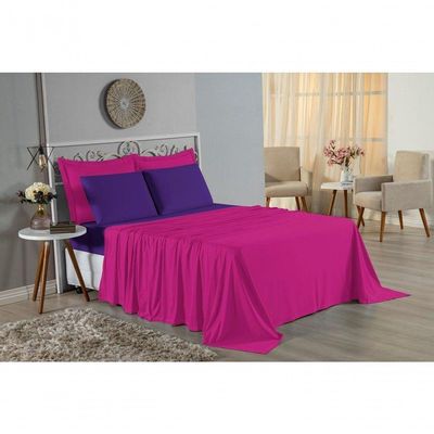 Jogo  Cama Queen Nobre 4 Peças Lençol  Elástico  30cm  Altura  100% Algodão  Pink  Roxo