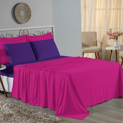 Jogo  Cama Queen Nobre 4 Peças Lençol  Elástico  30cm  Altura  100% Algodão  Pink  Roxo