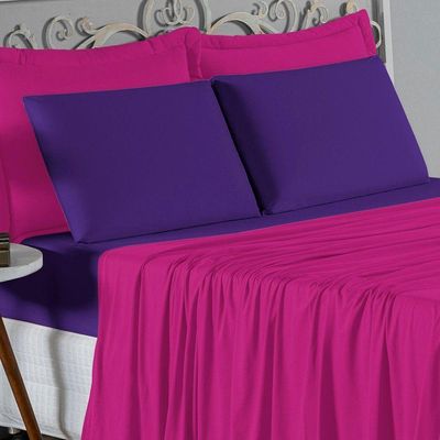 Jogo  Cama Queen Nobre 4 Peças Lençol  Elástico  30cm  Altura  100% Algodão  Pink  Roxo