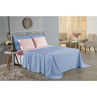 Jogo  Cama Solteiro Nobre 3 Peças Lençol  Elástico  30cm  Altura  100% Algodão  Azulbebê  Rosa