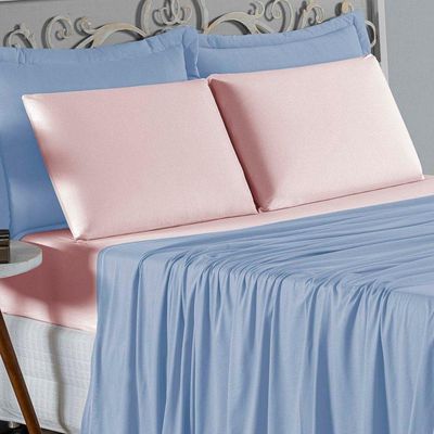 Jogo  Cama Solteiro Nobre 3 Peças Lençol  Elástico  30cm  Altura  100% Algodão  Azulbebê  Rosa