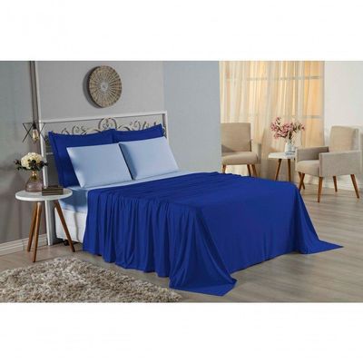 Jogo  Cama Queen Nobre 4 Peças Lençol  Elástico  30cm  Altura  100% Algodão  Royal  Azulbebê
