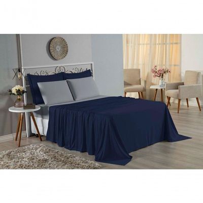 Jogo  Cama Solteiro Nobre 3 Peças Lençol  Elástico  30cm  Altura  100% Algodão  Azulmarinho  Cinza