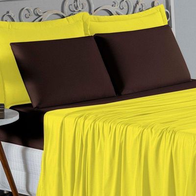 Jogo  Cama Solteiro Nobre 3 Peças Lençol  Elástico  30cm  Altura  100% Algodão  Amarelo  Marrom