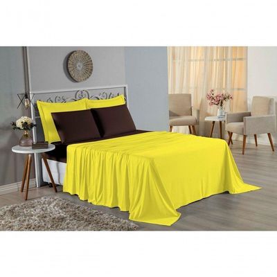 Jogo  Cama Solteiro Nobre 3 Peças Lençol  Elástico  30cm  Altura  100% Algodão  Amarelo  Marrom