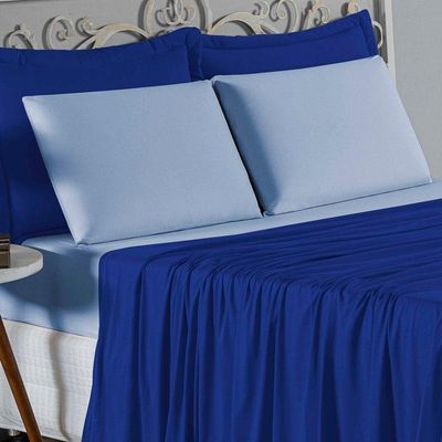 Jogo  Cama Queen Nobre 4 Peças Lençol  Elástico  30cm  Altura  100% Algodão  Royal  Azulbebê