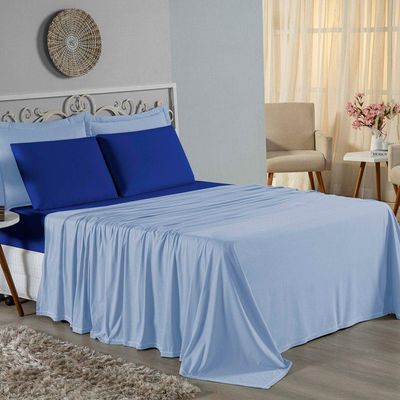 Jogo  Cama Casal Nobre 4 Peças Lençol  Elástico  30cm  Altura  100% Algodão  Azulbebê  Royal