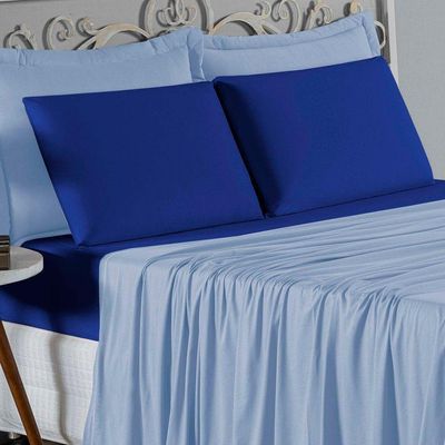 Jogo  Cama Casal Nobre 4 Peças Lençol  Elástico  30cm  Altura  100% Algodão  Azulbebê  Royal