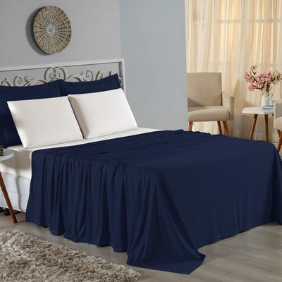 Jogo  Cama King Nobre 4 Peças Lençol  Elástico  30cm  Altura  100% Algodão  Azulmarinho  Palha