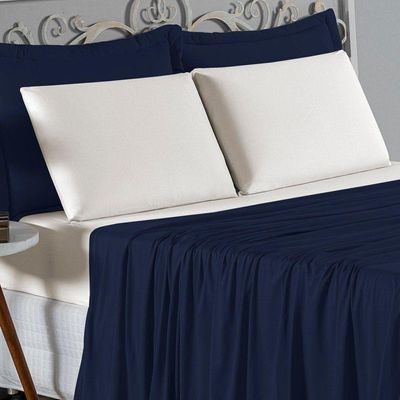 Jogo  Cama King Nobre 4 Peças Lençol  Elástico  30cm  Altura  100% Algodão  Azulmarinho  Palha