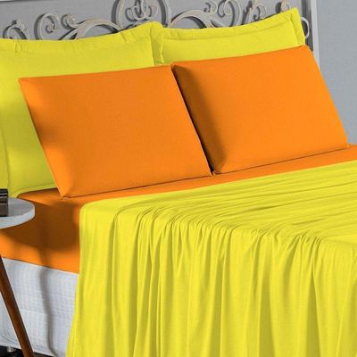 Jogo  Cama Solteiro Nobre 3 Peças Lençol  Elástico  30cm  Altura  100% Algodão  Amarelo  Laranja