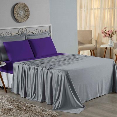 Jogo  Cama Solteiro Nobre 3 Peças Lençol  Elástico  30cm  Altura  100% Algodão  Cinza  Roxo