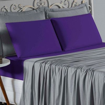 Jogo  Cama Solteiro Nobre 3 Peças Lençol  Elástico  30cm  Altura  100% Algodão  Cinza  Roxo