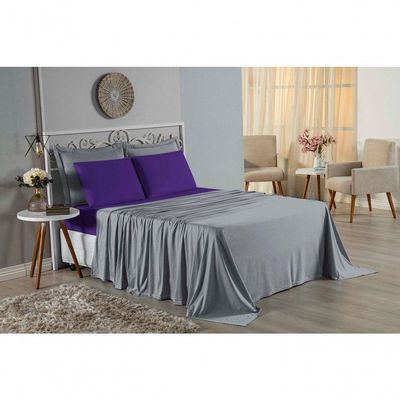 Jogo  Cama Solteiro Nobre 3 Peças Lençol  Elástico  30cm  Altura  100% Algodão  Cinza  Roxo