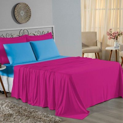 Jogo  Cama Casal Nobre 4 Peças Lençol  Elástico  30cm  Altura  100% Algodão  Pink  Turquesa