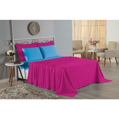 Jogo  Cama Casal Nobre 4 Peças Lençol  Elástico  30cm  Altura  100% Algodão  Pink  Turquesa