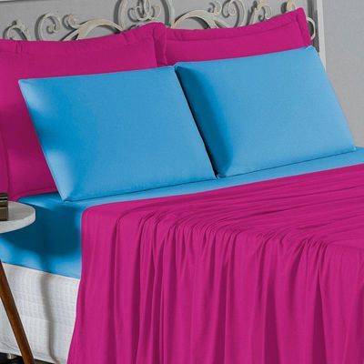 Jogo  Cama Casal Nobre 4 Peças Lençol  Elástico  30cm  Altura  100% Algodão  Pink  Turquesa