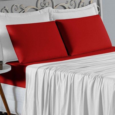 Jogo  Cama Casal Nobre 4 Peças Lençol  Elástico  30cm  Altura  100% Algodão  Branco  Vermelho