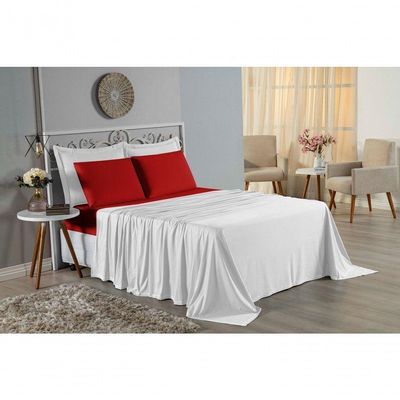 Jogo  Cama Casal Nobre 4 Peças Lençol  Elástico  30cm  Altura  100% Algodão  Branco  Vermelho