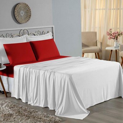 Jogo  Cama Casal Nobre 4 Peças Lençol  Elástico  30cm  Altura  100% Algodão  Branco  Vermelho