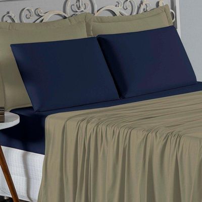 Jogo  Cama King Nobre 4 Peças Lençol  Elástico  30cm  Altura  100% Algodão  Avelã  Azulmarinho