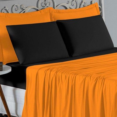 Jogo  Cama Casal Nobre 4 Peças Lençol  Elástico  30cm  Altura  100% Algodão  Laranja  Preto