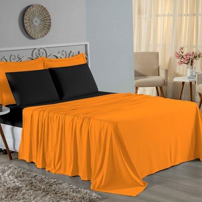 Jogo  Cama Casal Nobre 4 Peças Lençol  Elástico  30cm  Altura  100% Algodão  Laranja  Preto