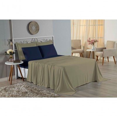 Jogo  Cama King Nobre 4 Peças Lençol  Elástico  30cm  Altura  100% Algodão  Avelã  Azulmarinho