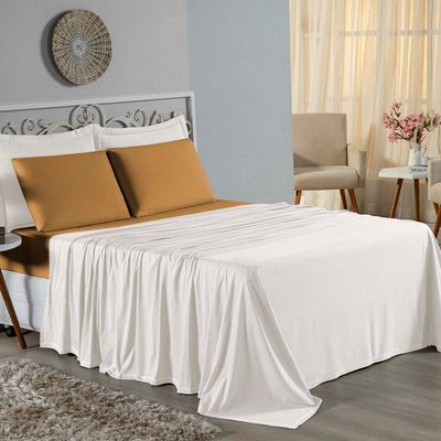 Jogo  Cama Casal Nobre 4 Peças Lençol  Elástico  30cm  Altura  100% Algodão  Palha  Cobre