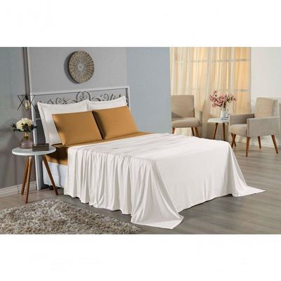 Jogo  Cama Casal Nobre 4 Peças Lençol  Elástico  30cm  Altura  100% Algodão  Palha  Cobre