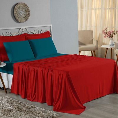 Jogo  Cama Casal Nobre 4 Peças Lençol  Elástico  30cm  Altura  100% Algodão  Vermelho  Petróleo