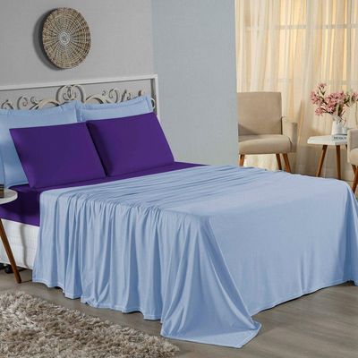 Jogo  Cama Casal Nobre 4 Peças Lençol  Elástico  30cm  Altura  100% Algodão  Azulbebê  Roxo