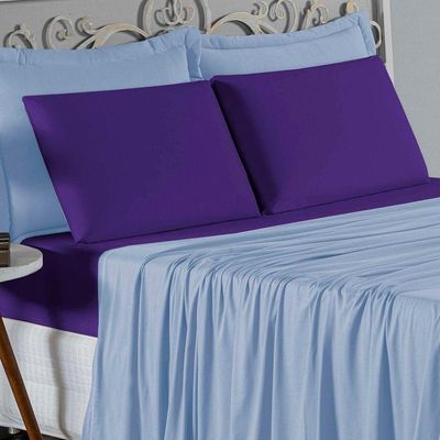 Jogo  Cama Casal Nobre 4 Peças Lençol  Elástico  30cm  Altura  100% Algodão  Azulbebê  Roxo