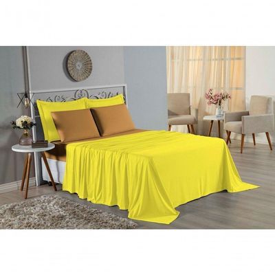 Jogo  Cama Solteiro Nobre 3 Peças Lençol  Elástico  30cm  Altura  100% Algodão  Amarelo  Cobre