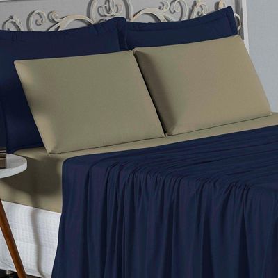 Jogo  Cama Solteiro Nobre 3 Peças Lençol  Elástico  30cm  Altura  100% Algodão  Azulmarinho  Avelã