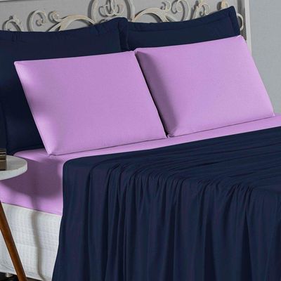 Jogo  Cama Solteiro Nobre 3 Peças Lençol  Elástico  30cm  Altura  100% Algodão  Azulmarinho  Lilás