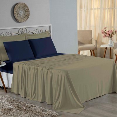 Jogo  Cama Queen Nobre 4 Peças Lençol  Elástico  30cm  Altura  100% Algodão  Avelã  Azulmarinho
