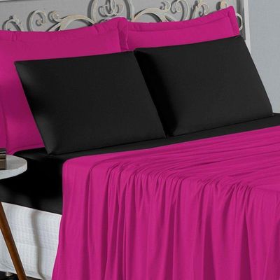 Jogo  Cama Queen Nobre 4 Peças Lençol  Elástico  30cm  Altura  100% Algodão  Pink  Preto