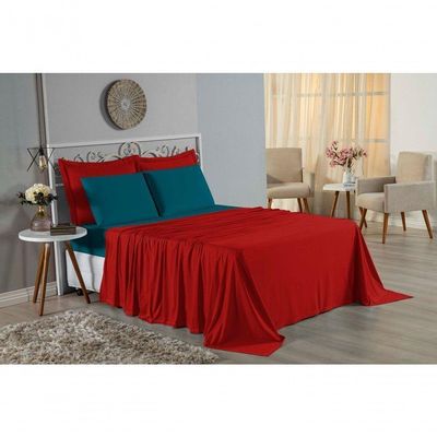Jogo  Cama King Nobre 4 Peças Lençol  Elástico  30cm  Altura  100% Algodão  Vermelho  Petróleo